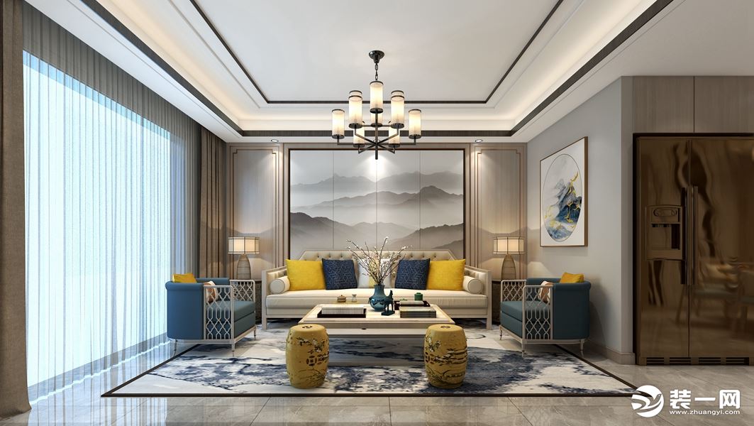 金科庐州樾103平三室现代中式客厅效果图