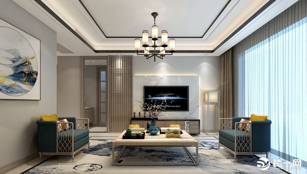 金科庐州樾103平三室现代中式客厅效果图