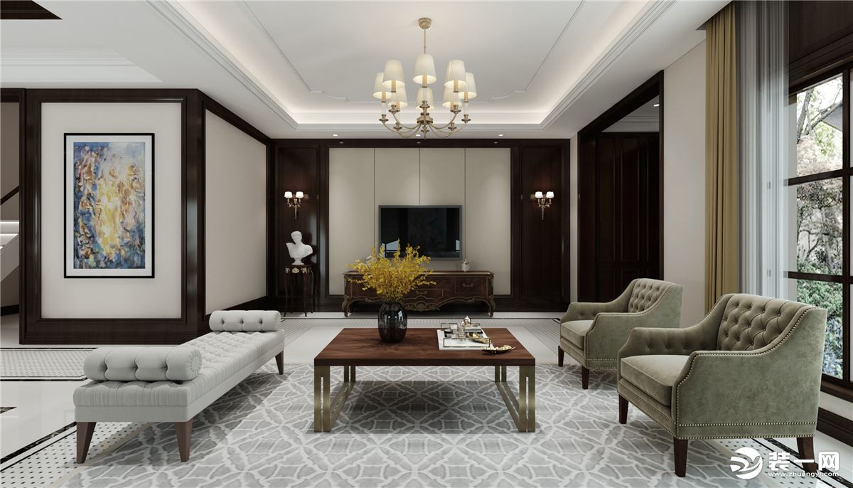 美式简约的风格中，客厅采用暖色为主色调。吊顶让空间显得更加华贵，玄关处一般选择的一般也为光滑坚固、华