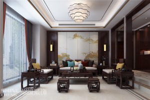鲁商国际社区别墅220m²新中式风格装修设计效果图