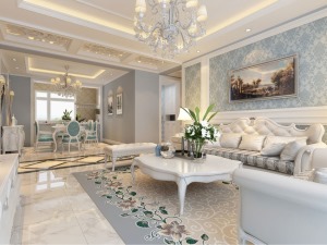 客厅、餐厅空间都选用蓝底白花图案墙纸，与硬装搭配协调，使整体色调柔和。
