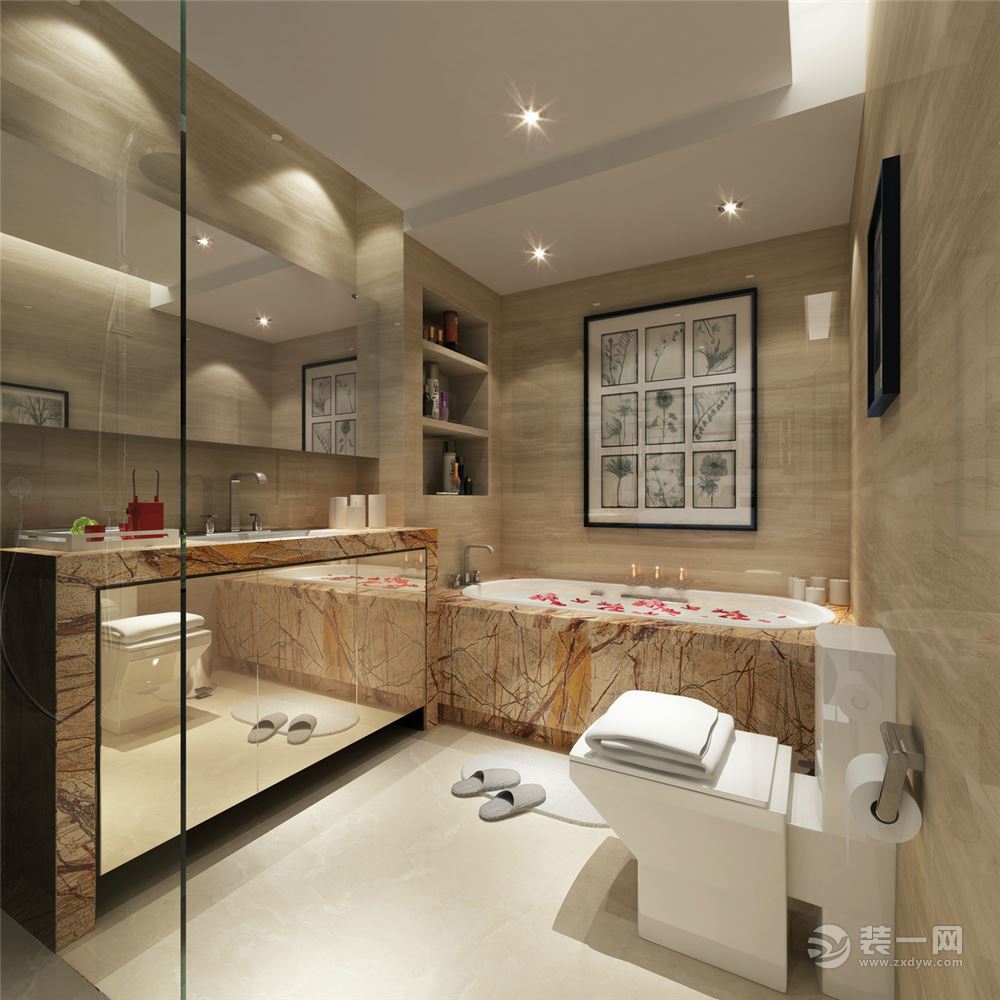 这张图是简欧风格的卫生间，透明的浴室玻璃，给人空间很宽敞的感觉