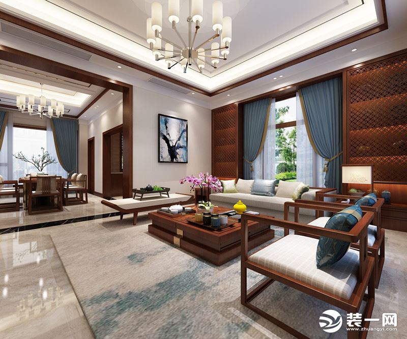 天玺湾4栋101双拼别墅新中式客厅沙发背景墙