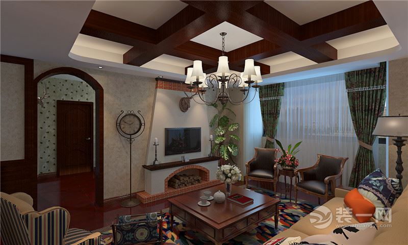 【乐屋装饰】合肥阳光公寓200㎡美式风格客厅吊顶装修效果图