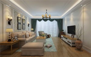 绿缘居147㎡美式风格客厅背景墙装修效果图
