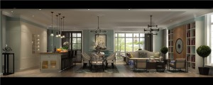 【乐屋装饰】丽嘉花园别墅230㎡美式风格客厅全景装修效果图