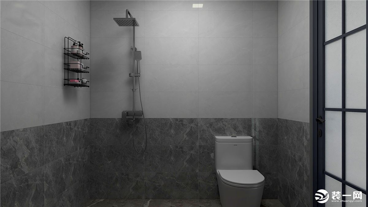 卫生间也是黑灰色彩搭配，简洁清爽。