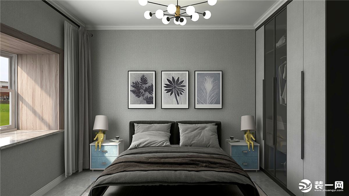 主卧沿用了整个设计的黑白灰色调，搭配以简单的挂画，给人以舒适放松的空间感。