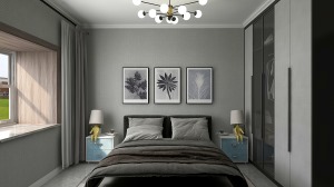 主卧沿用了整个设计的黑白灰色调，搭配以简单的挂画，给人以舒适放松的空间感。
