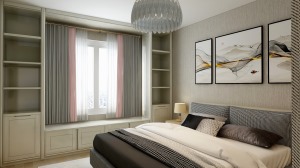 卧室的榻榻米设计，与窗边柜合为一体，增加了收纳空间。