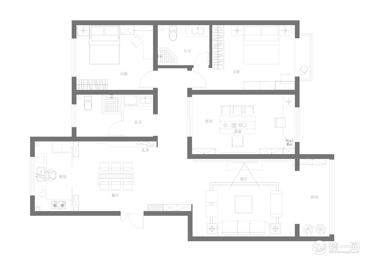 1新密超化朝阳小区16栋三居室140平新中式装修平面图