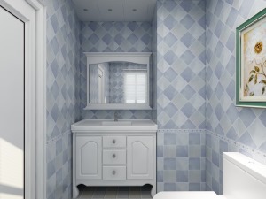卫生间用蓝白相间的墙砖搭配淡色双色地砖来做。给人以心情宁静，状态干净