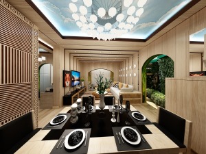 餐厅处用的是3D蓝天白云壁画，拱门都是绿色植物马赛克跳色，使得整个空间即有延伸感又极具自然气息