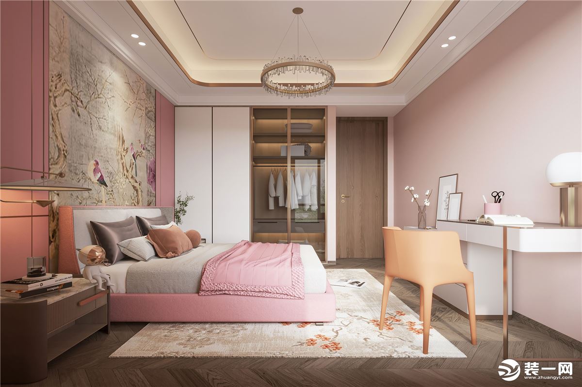 女孩房以粉色、白色为主，延续木地板材质，弱化中式元素。背景墙以花鸟图，柔软的布艺散射出温柔的光线。