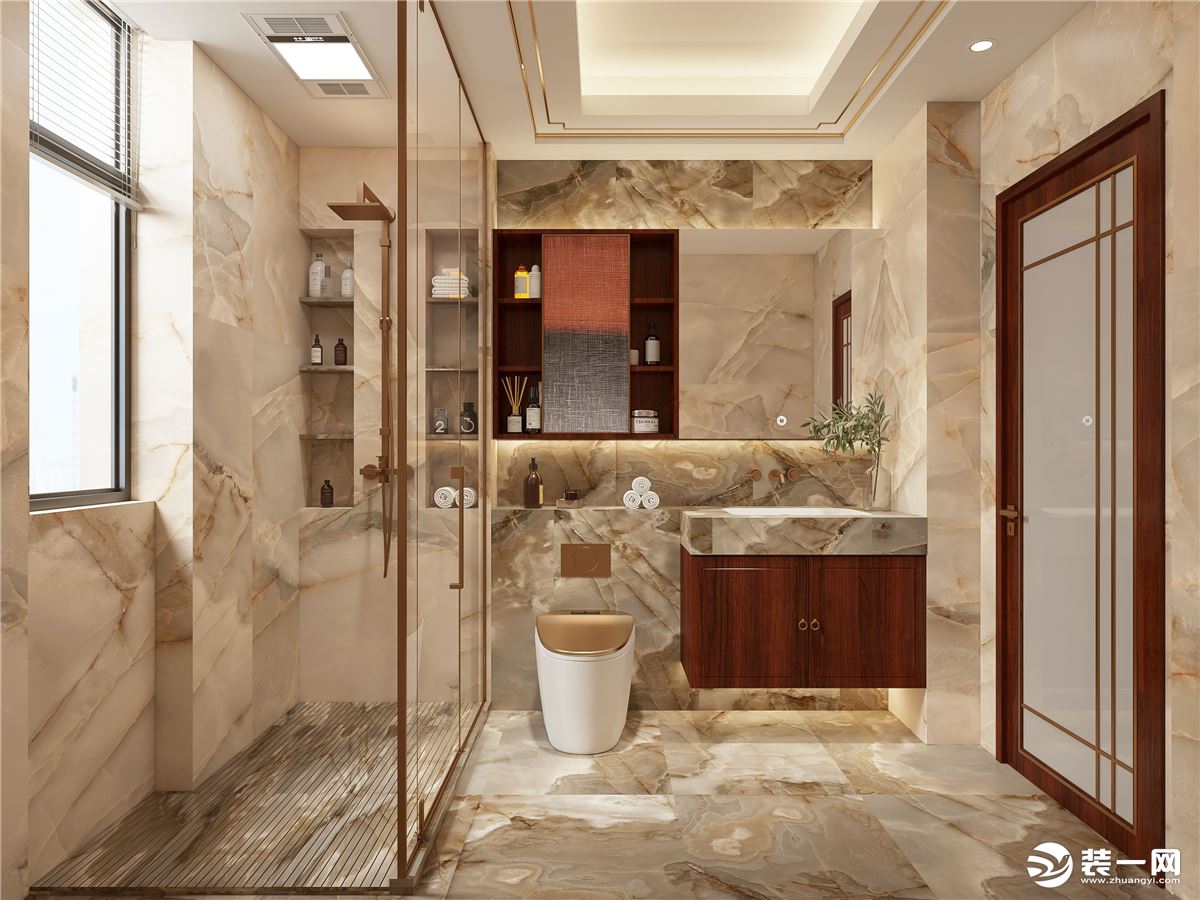 主卫做了干湿分离，提高了使用效率，木色浴室柜为冷色空间增加自然温暖的色调。