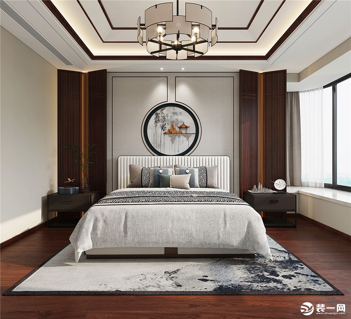 卧室一，花纹是以中式风格中常见的梅花、山水画、燕子等等元素为主，不仅有儒雅诗韵的意境美又为空间增添了