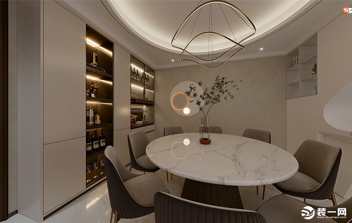 餐厅，餐厨空间呈开放式的结构，从视觉上放大空间，整体设计与客厅遥相呼应，色彩一致。