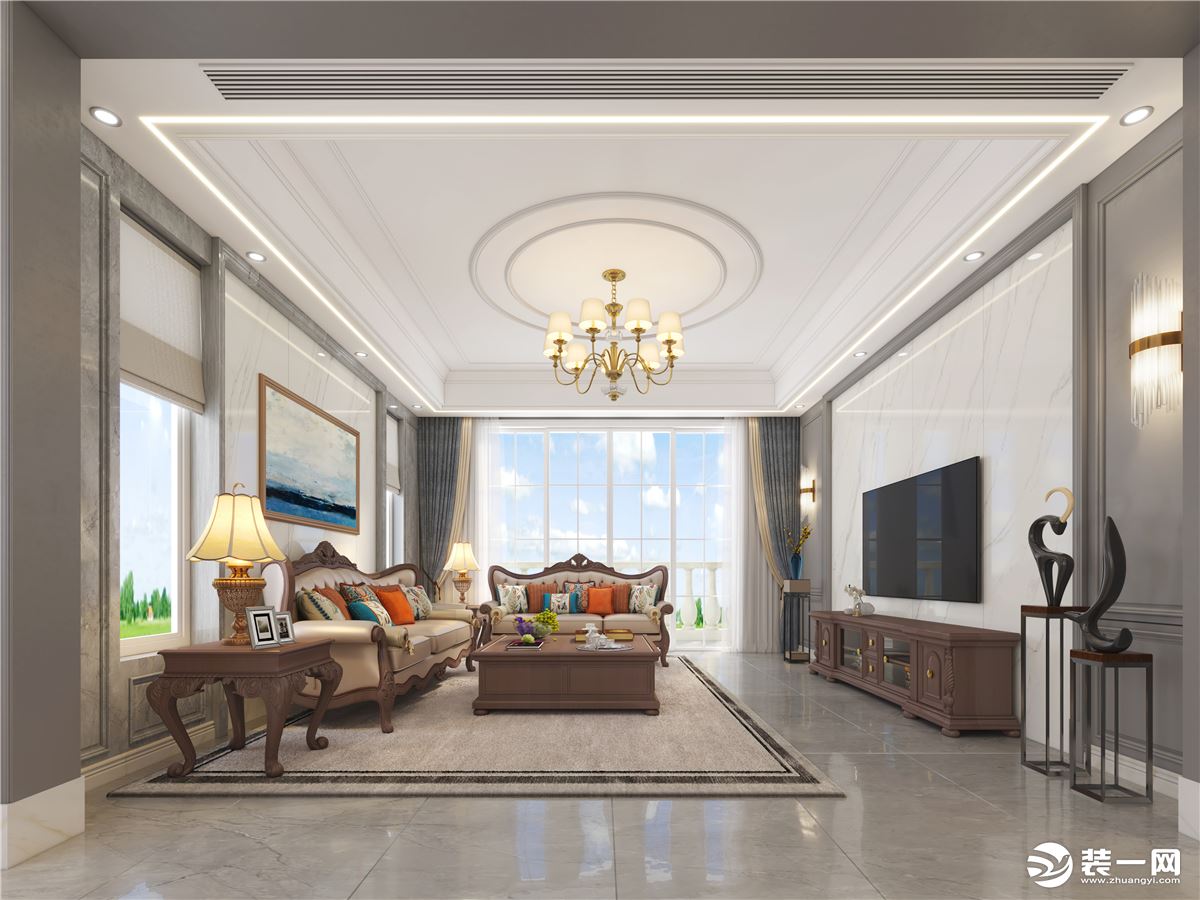 客厅，考虑到“温暖、舒适、简约”等特性，以暖色调、浅色系为主，通过地面、墙面等硬装创造出来的简约美。