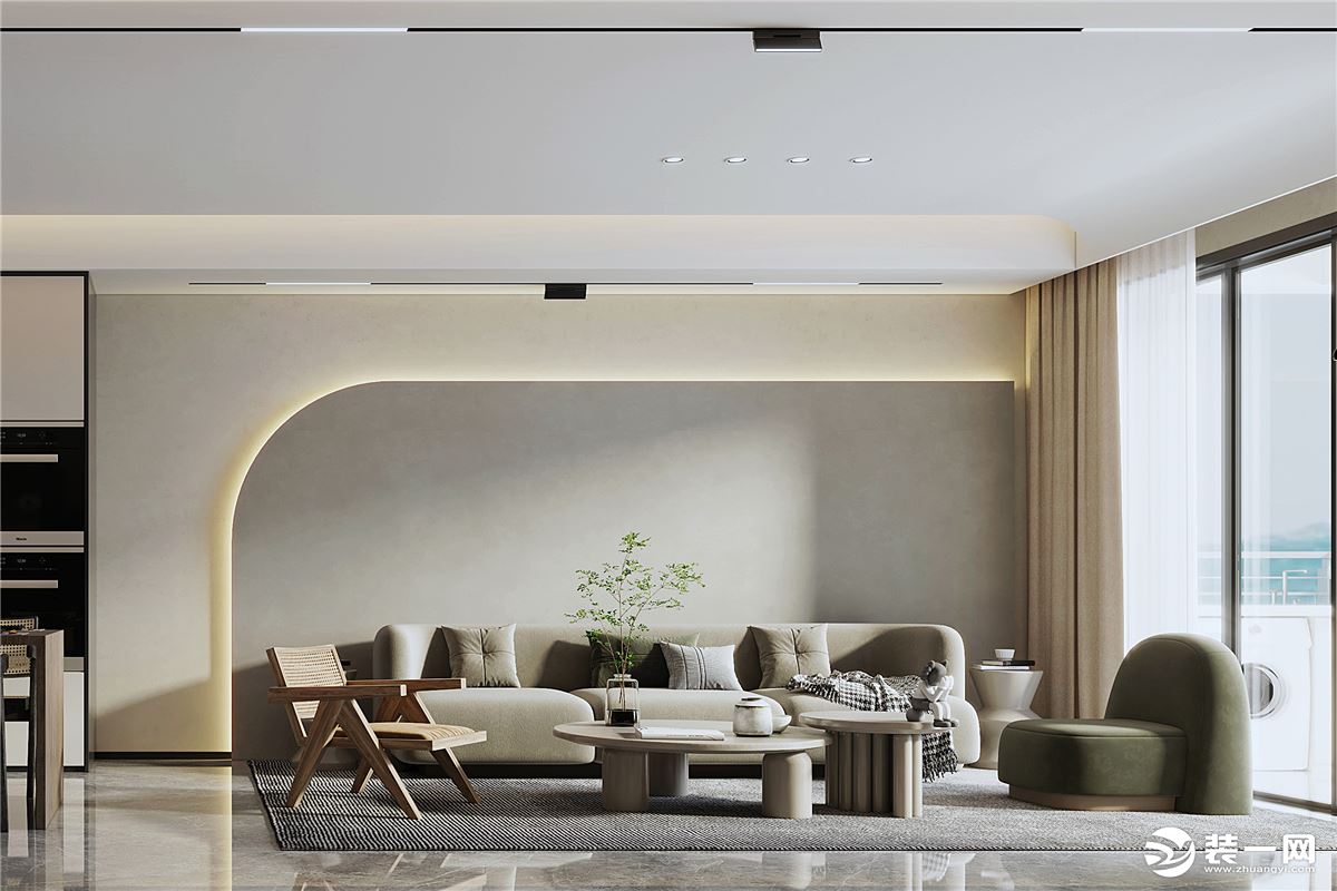 客厅，沙发背景墙采用素色水泥，纯色的家具摆饰，纯粹干净。