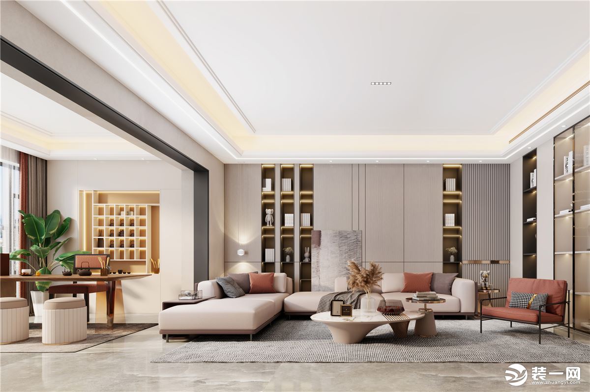 客厅，对于这样宽阔的大平层，若用现代简约的风格进行设计难免会略显简单，而现代轻奢的风格则更加大气。