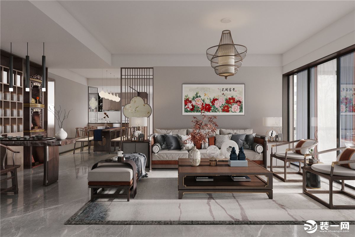 客厅，客厅结构非常的方正，整体以“回归本真”为设计主题，沙发背景以“花开富贵”为主题的中国画为中心。
