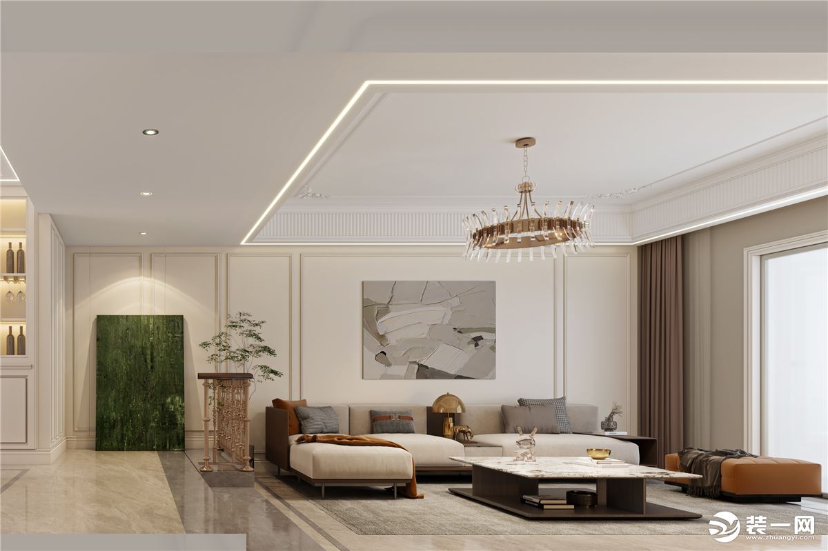 客廳整體是現代簡歐風的空間，采取主燈+線燈+射燈的設計，布置上簡約優雅的家具。