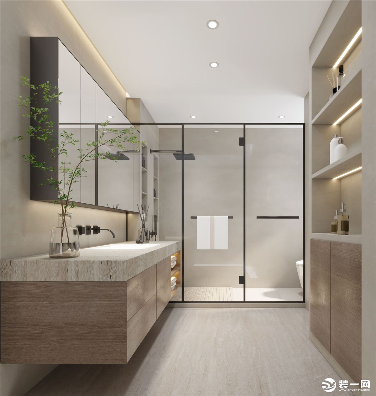 主衛選擇的是標準的三分離設計，裝上原木色浴室柜+鏡柜組合，整個空間無主燈的設計。