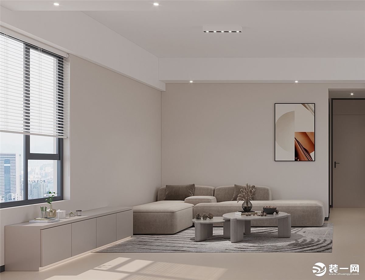 结合客厅的特点，设计师巧妙地放置一款极简的L型沙发，显得整个客厅大气又舒服