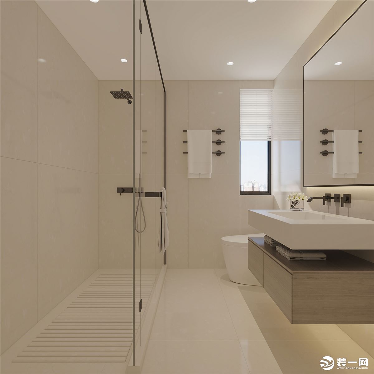 卫生间整体设计风格用简约的线条，灵活通透的设计打造精致实用的温馨小家。