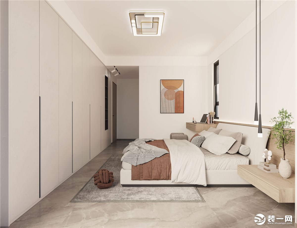 床尾一整面的到顶衣柜，让卧室的储物空间发挥到最大化，生活也会更加便利。