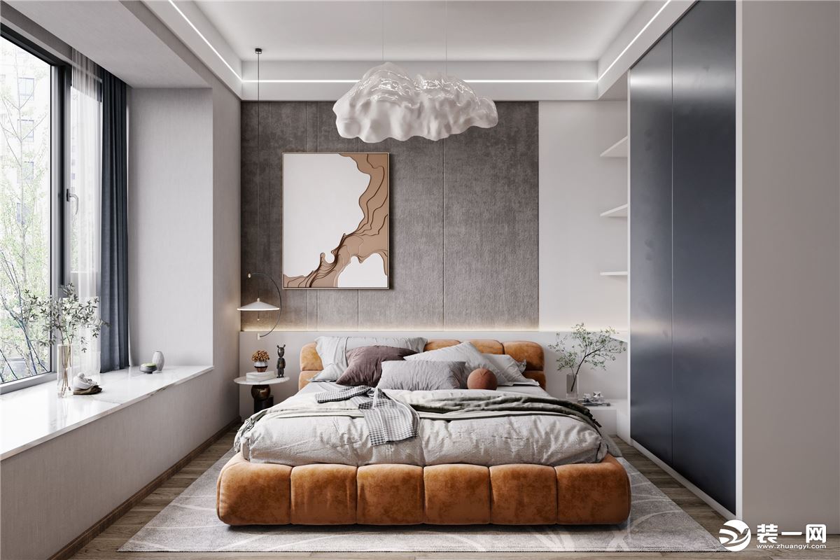 柔和清雅的卧室空间，简洁温和毫无负担，低饱和度的灰色调和客厅和谐统一。