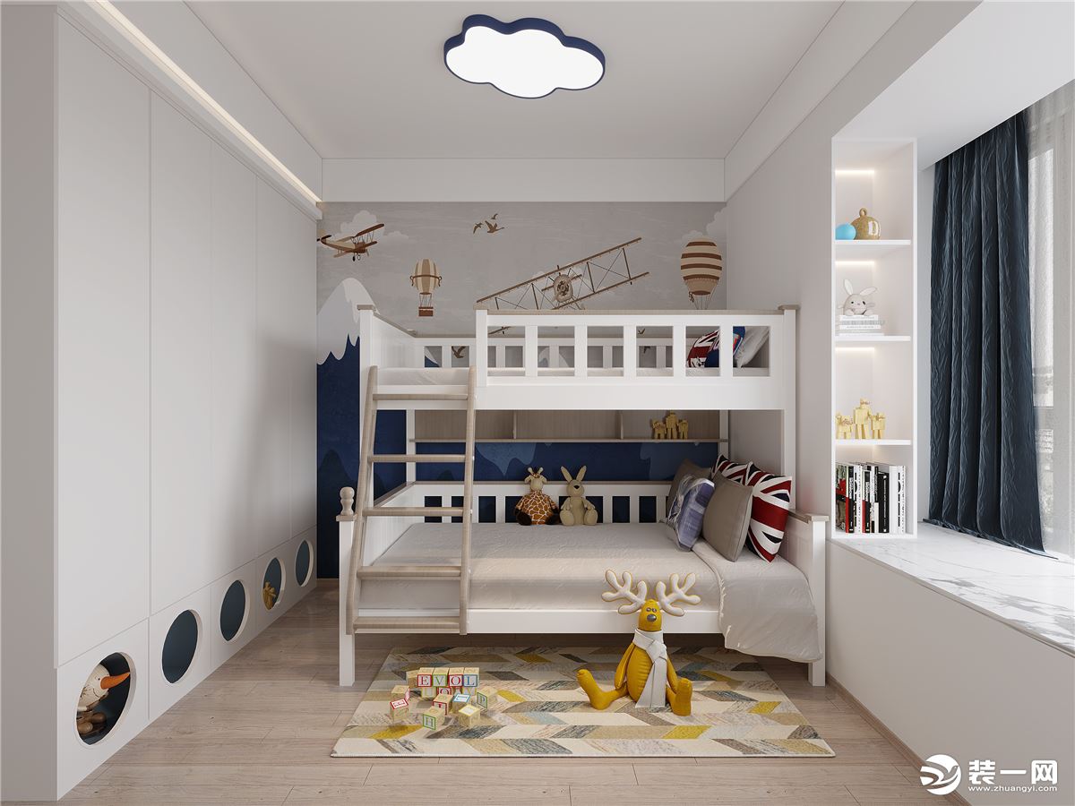 由于空间有限，儿童房采用的是上下床设计，这样节省了不少的空间