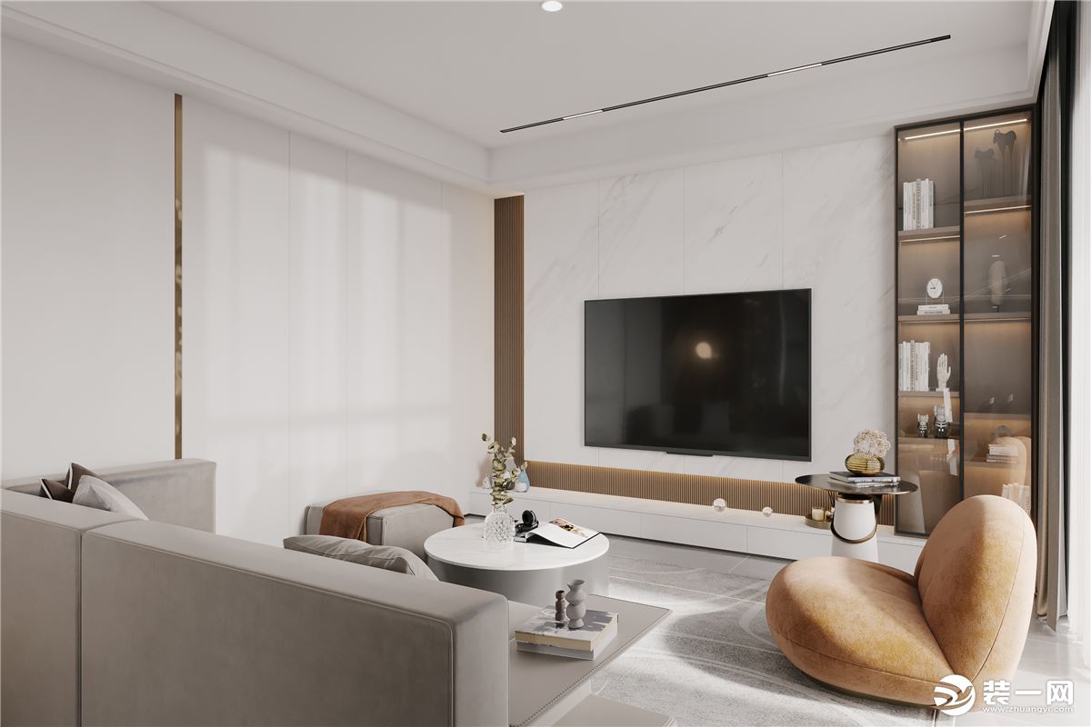 客厅整体采用白色调，简约又清新。电视背景墙采用白色大理石纹，简约又大气，提高了客厅的品味。