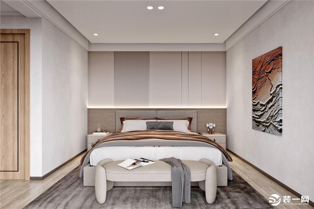 卧室是设计的重点项目。按照客户的要求，整体依旧延续简约温馨的风格。床头的背景采用几何元素，以米色为底