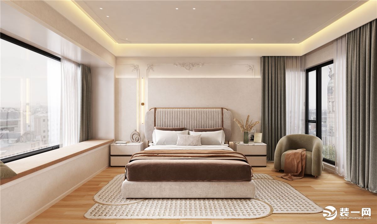 主卧房间延续奶油色的基调，与陈设品自然和谐的保持着某种平衡，部分轻奢元素的家具，细腻的线条。