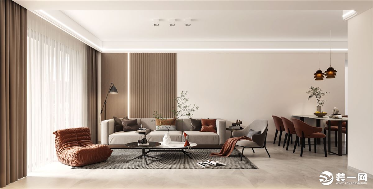摒弃传统的L型沙发，而是结合空间的特点采用一字型沙发搭配沙发凳，围合式设计，无形中拉进家人之间的互动