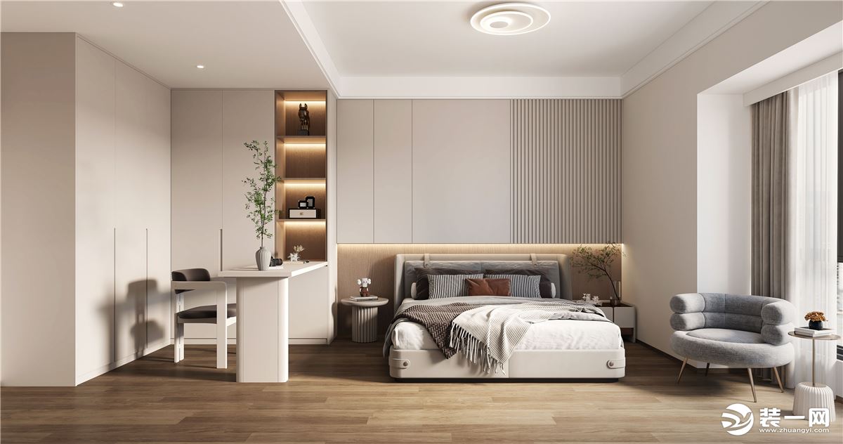 主卧给人的第一感觉是温馨，整个色调偏暖，并且与传统的卧室相比，空间的规划感更加强烈。