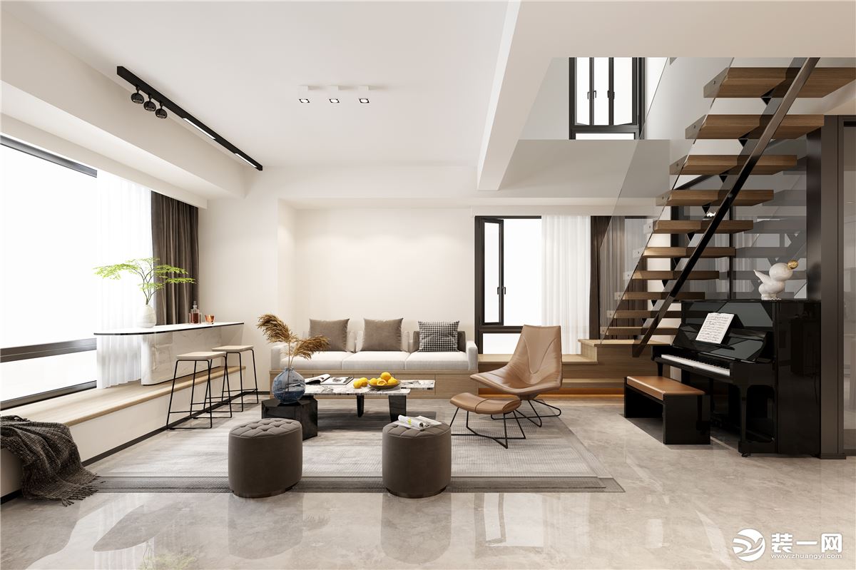 客厅以木色、灰色等中间色为基调，其中白色最能表现现代简约的特点，配合黑色、灰色则展现出现代风格的明快