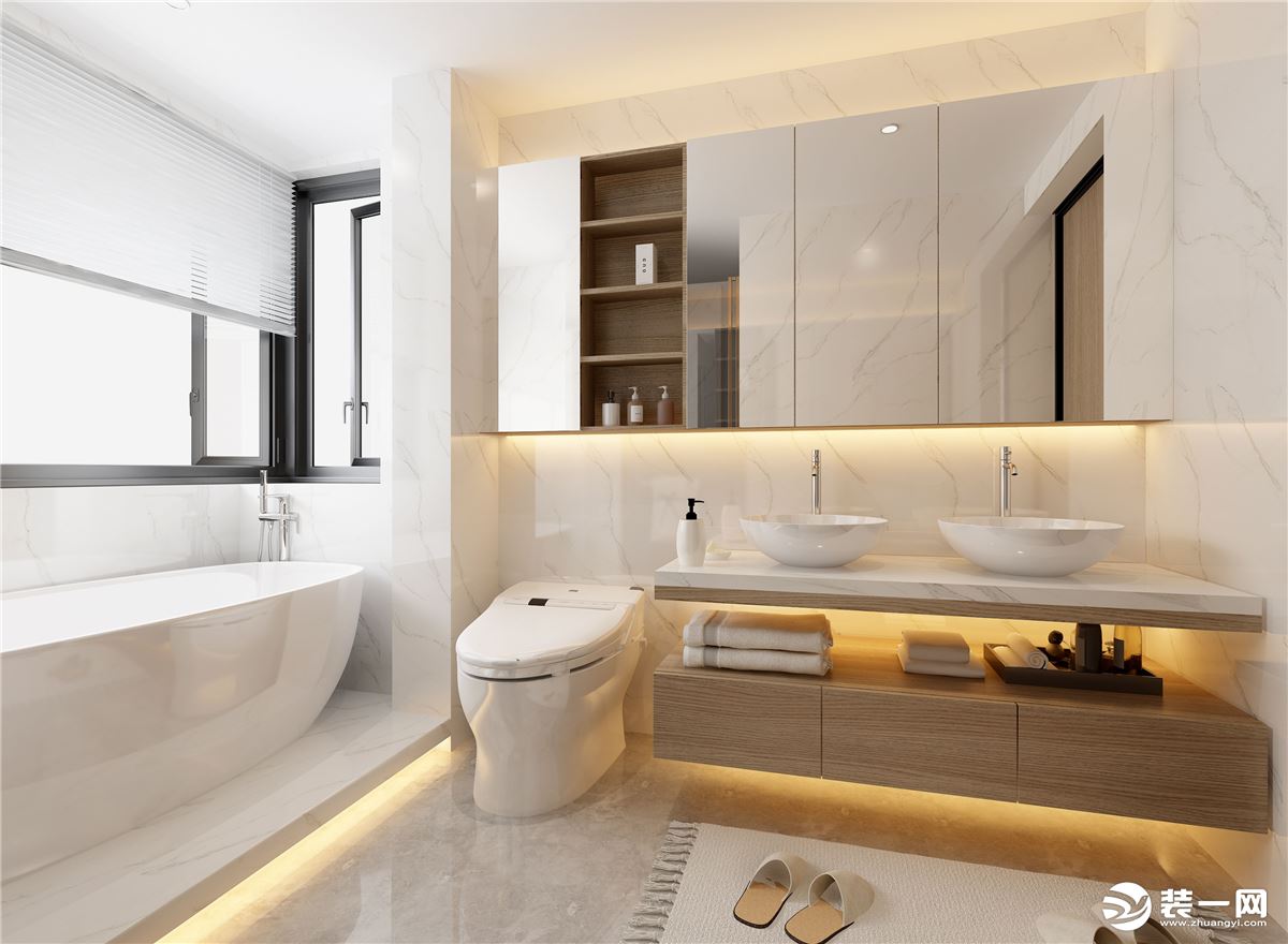 浴室的空间也同样的宽敞，淋浴和浴缸结合在了一起，选择砖砌的浴缸更为结实耐用。