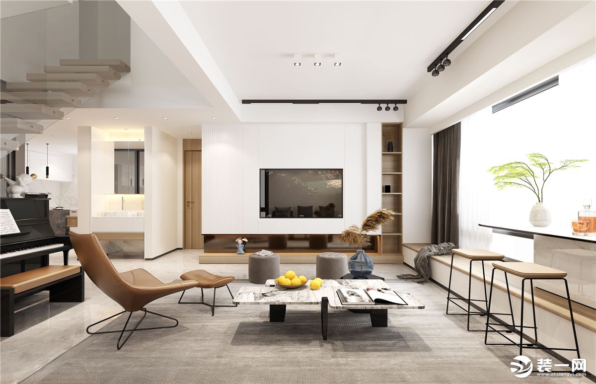 客厅在家具配置上强调功能性的设计，色彩对比强烈线条简约而流畅。