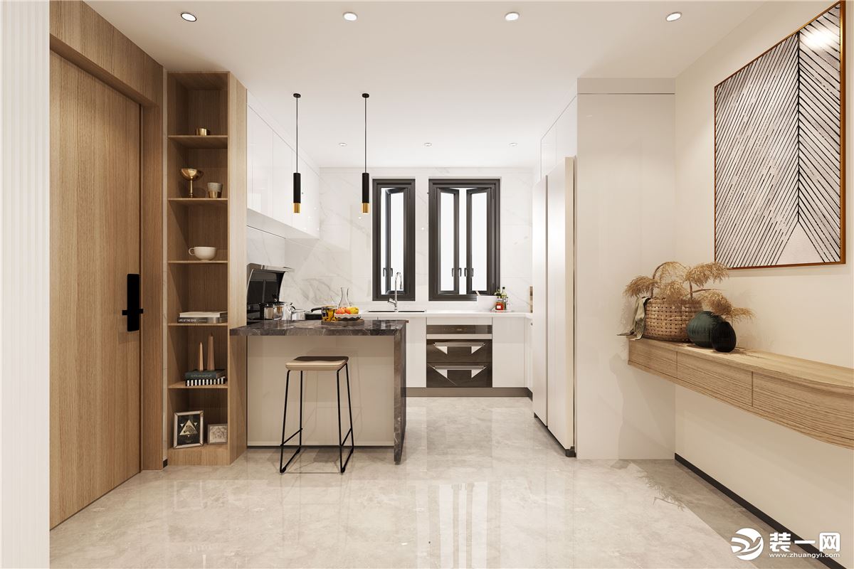 厨房整体采取“黑+灰+白”的经典配色，整体空间简洁而又不失大气。
