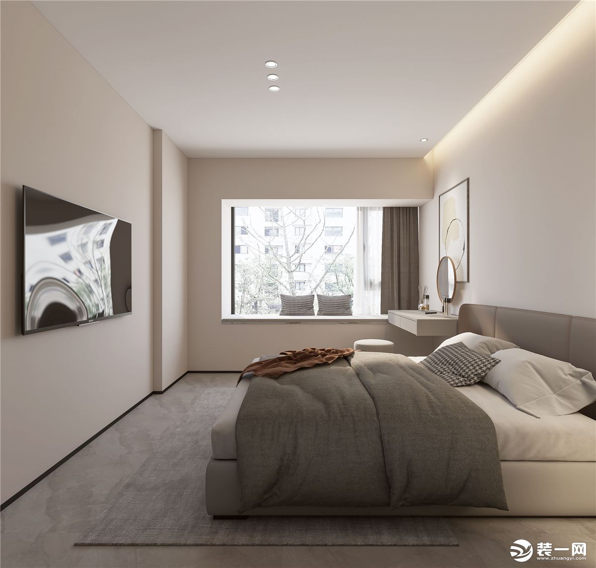 卧室空间以简约舒适的灰色调为主，灰白色的皮艺床铺，墙上独特的几何图案