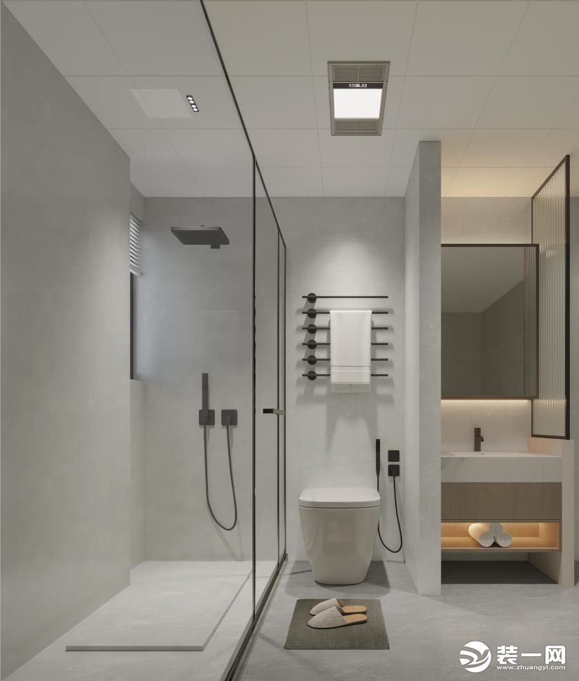 主卫马桶区和淋浴房相互背离，都有自己的单独位置。