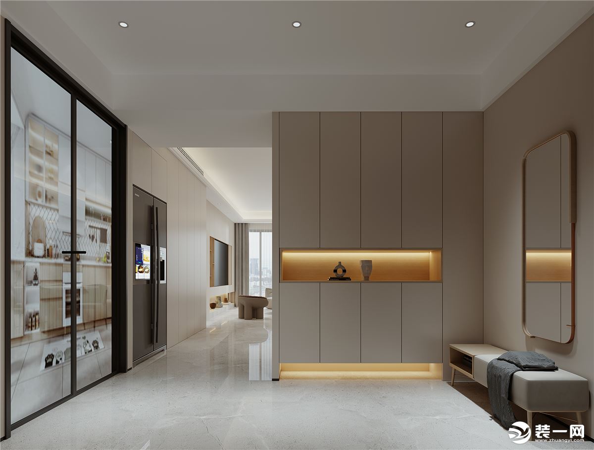 玄关空间采用咖色木饰面做背景，完美隐藏配电箱，咖色的配色给空间增添温润的质感。