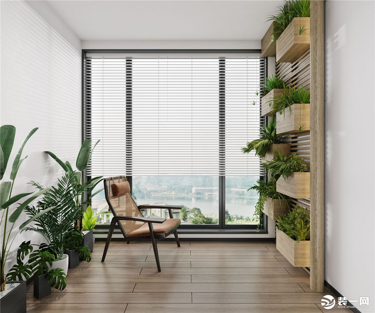 阳台是设计师为业主设置的一处远离闹市的清净之地，以极简的百叶窗阻挡调和强烈的光线，达到整体的平衡。