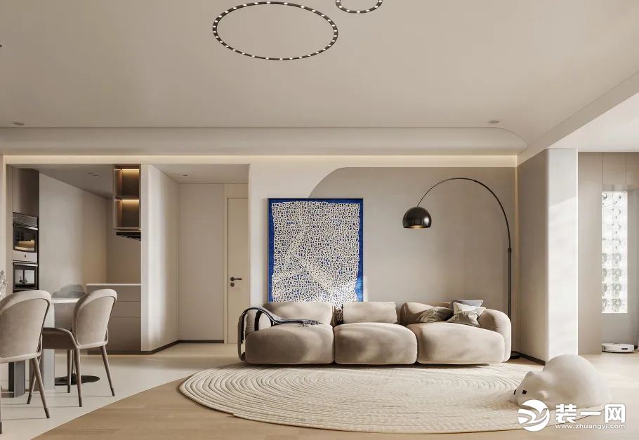 客厅以“淡雅”为主基调，瓷砖＋木地板的设计丰富了空间层次感。 