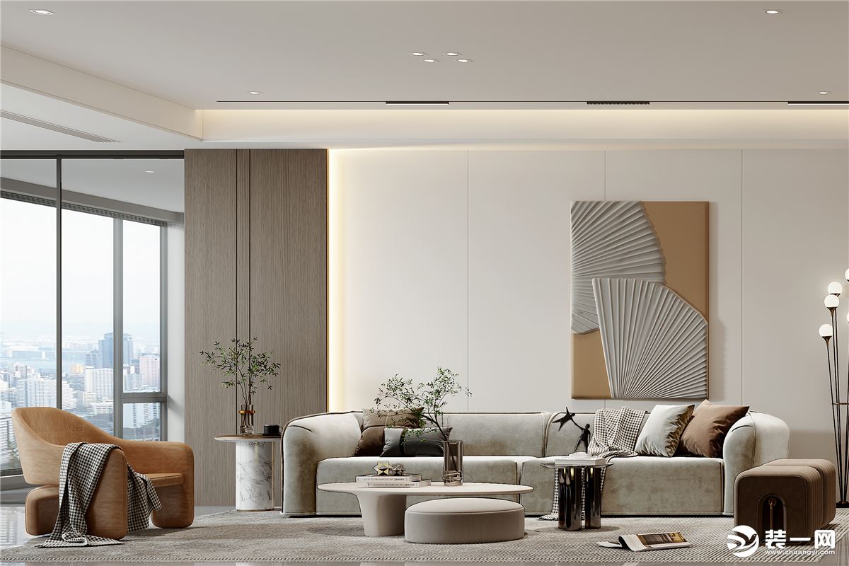 在通过不同的材质装饰将区域分开，客厅白灰色为主，休闲舒适