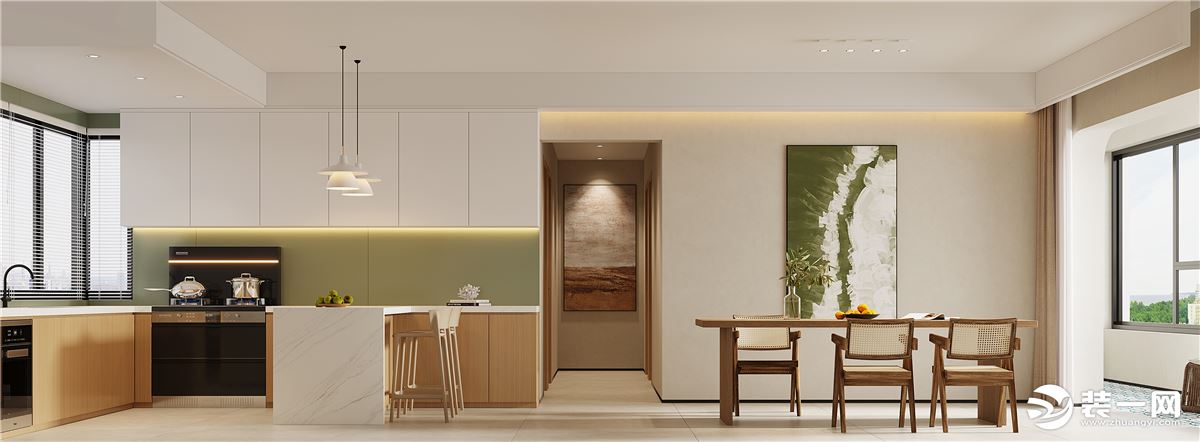 客餐厅，以浅色调为基底，加以薄荷绿的点缀调和，素雅、自然、舒适感扑面而来。