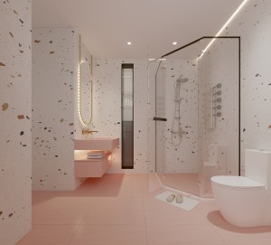 女儿专属的卫生间也是冒着粉红泡泡，与房间格调一致。粉色瓷砖地面和洗手台简单大气。