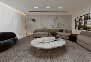 客厅，客厅搭配以自然的米白色为主色调，将质感较强的浅咖色沙发、格调气质兼具的大理石电视背景墙融合。
